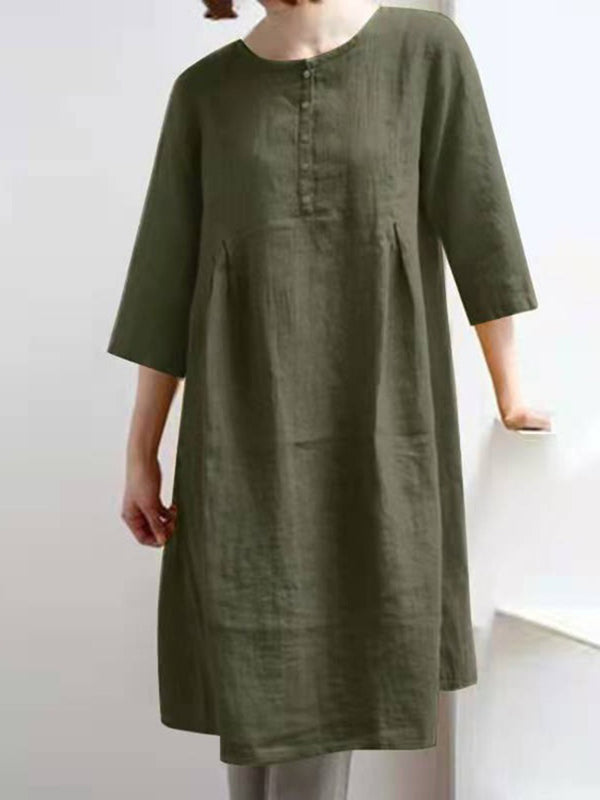 MW | Retro Baumwolle Leinen Solid plissiert halbe Ärmel Minikleid