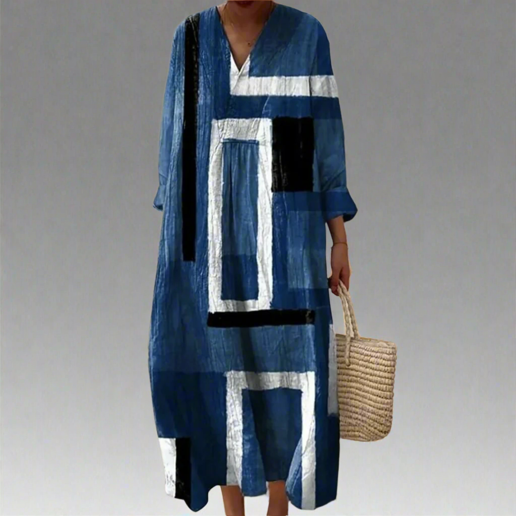MW | Weites Maxikleid in abstraktem Marineblau