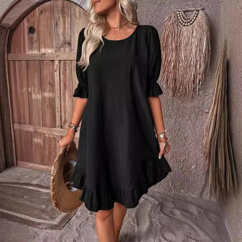 MW | Solide Farbe Lässig Lose Kurze Kleider Für Frauen Sommer A-Linie Midi-Kleid
