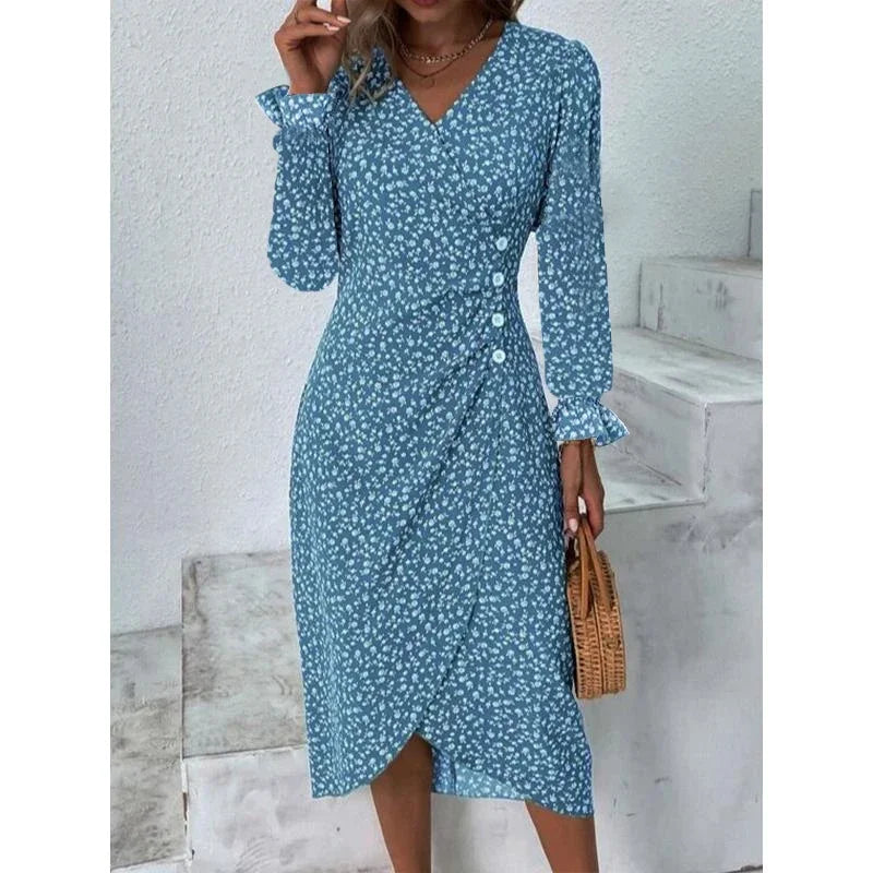MW | Elegantes florales plissiertes Midikleid mit Puffärmeln und V-Ausschnitt