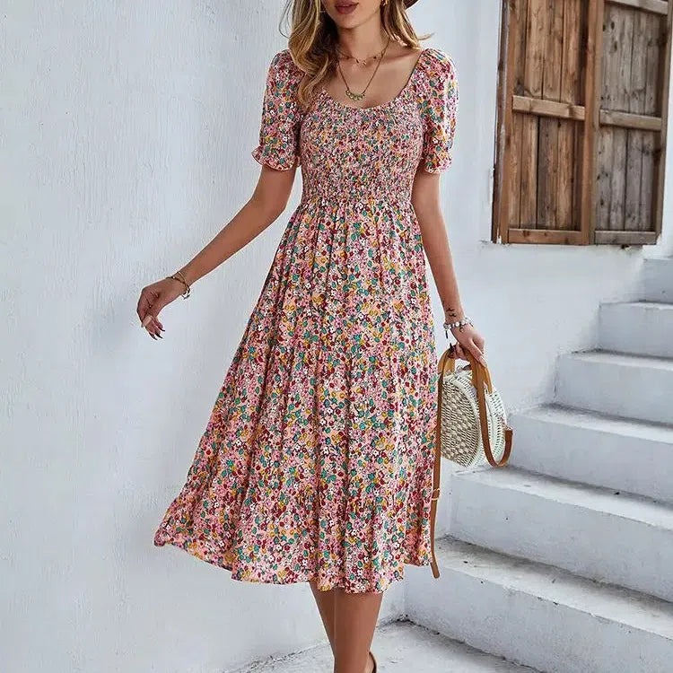 MW | Bohemia Print Kleid Frauen Neu Sommer Midikleid Puffärmel