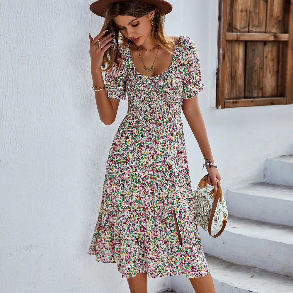 MW | Bohemia Print Kleid Frauen Neu Sommer Midikleid Puffärmel