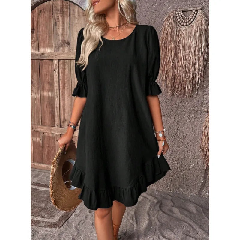 MW | Solide Farbe Lässig Lose Kurze Kleider Für Frauen Sommer A-Linie Midi-Kleid