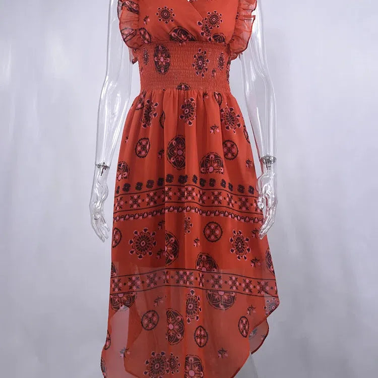 MW | Sommer Frauen Vintage Muster Smocked Ruffle Midi Kleid