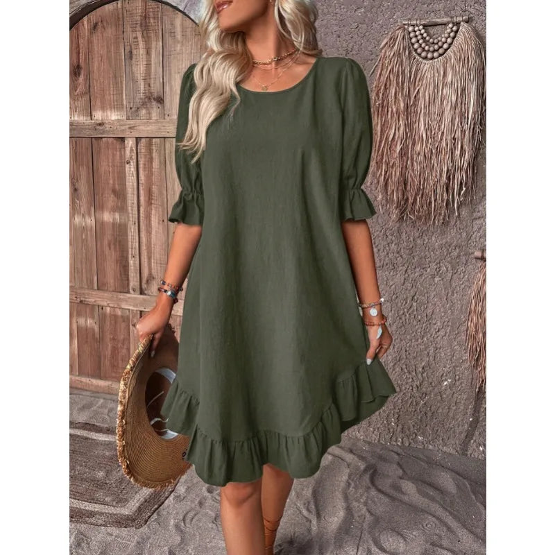 MW | Solide Farbe Lässig Lose Kurze Kleider Für Frauen Sommer A-Linie Midi-Kleid