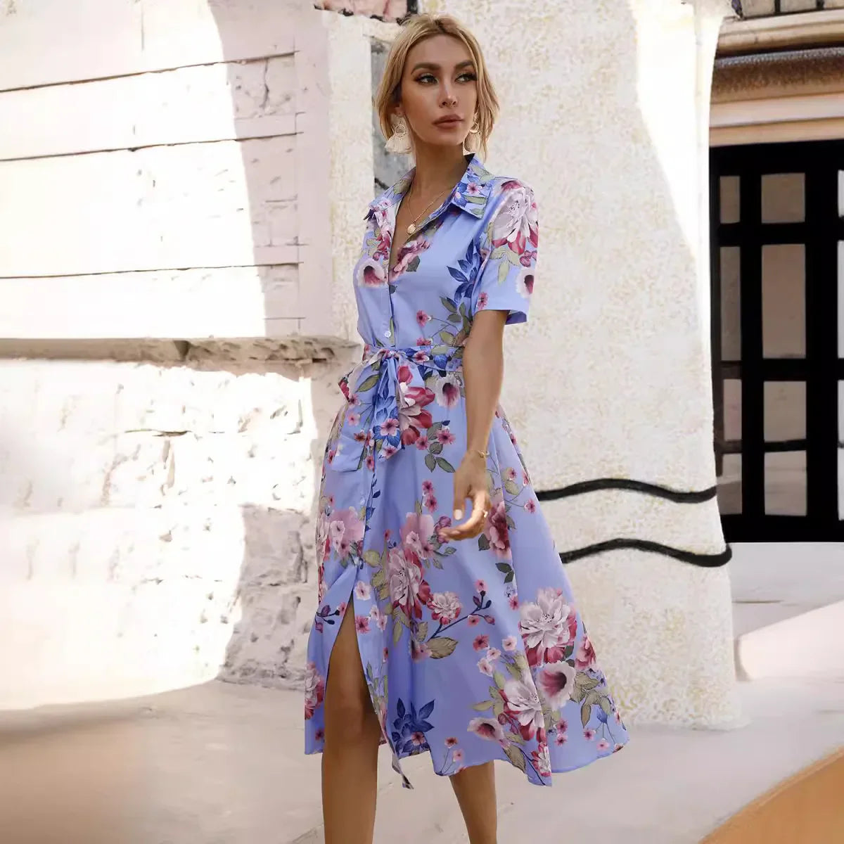 MW | Frühling Sommer Frauen Floral Print Midi-Kleid mit kurzen Ärmeln und Turn Down Kragen für Casual Party und Outing