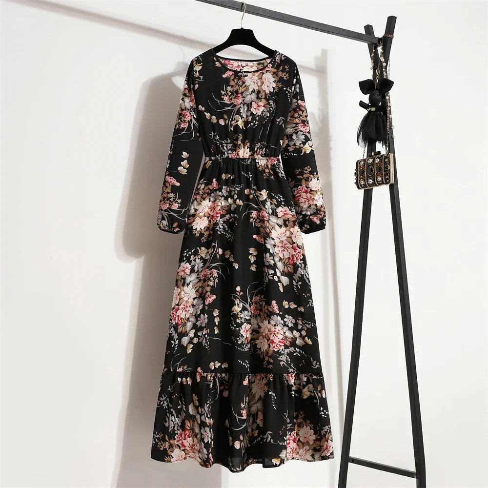 MW | Frühling Sommer böhmisches Maxikleid mit Blumendruck