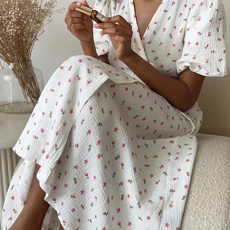 MW | Casual Damen Sommerkleider 100% Baumwolle Floral Print A-Linie Midi Kleid mit Seitenschlitzen Langes Elegantes Weißes Kleid
