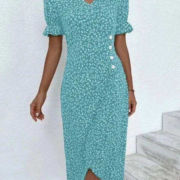 MW | Frühling Floral Bodycon Midikleid für Frauen V-Ausschnitt Langarm