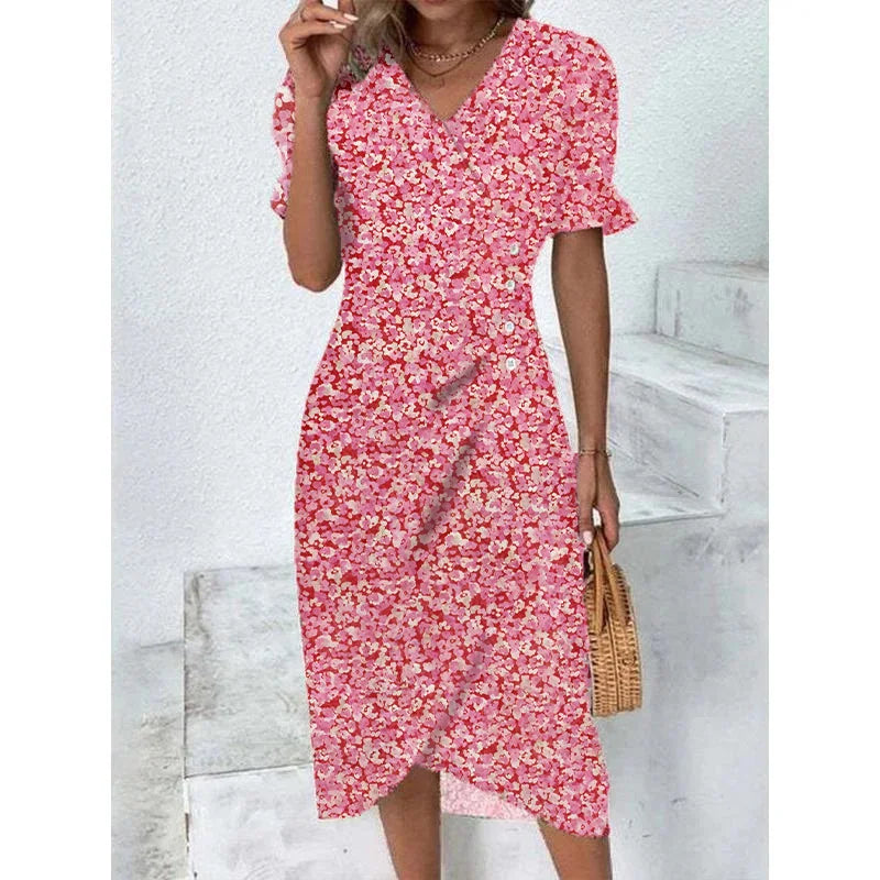 MW | Elegantes florales plissiertes Midikleid mit Puffärmeln und V-Ausschnitt