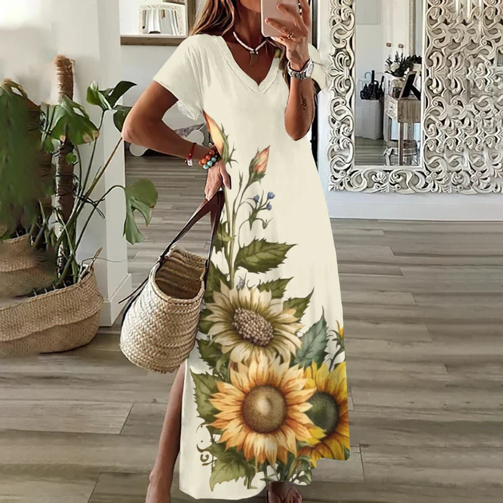 MW | Sunflower Print Floral Graphic Kleider für Frauen Plus Größe Elegantes Midi Kleid