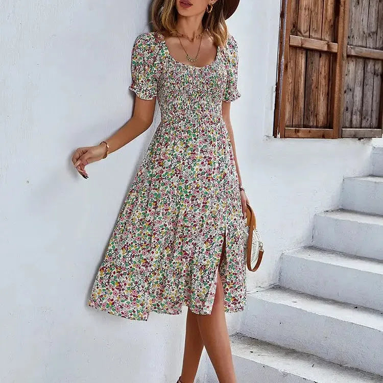 MW | Bohemia Print Kleid Frauen Neu Sommer Midikleid Puffärmel
