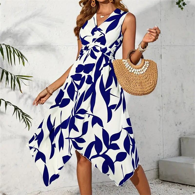 MW | Strand Frauen Midikleid Sommer Asymmetrisch Maxi Lang Ein Stück Elegantes Blatt Drucken Beiläufigen Saum Vestidos Weiblich