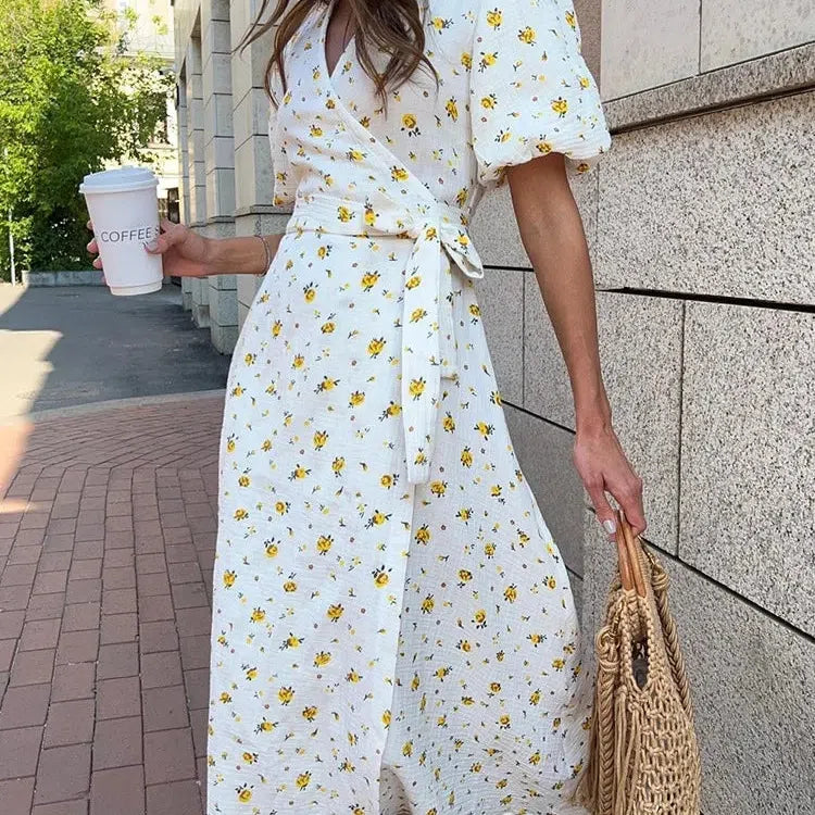 MW | Casual Damen Sommerkleider 100% Baumwolle Floral Print A-Linie Midi Kleid mit Seitenschlitzen Langes Elegantes Weißes Kleid