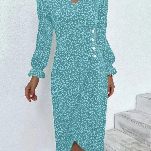 MW | Elegantes florales plissiertes Midikleid mit Puffärmeln und V-Ausschnitt
