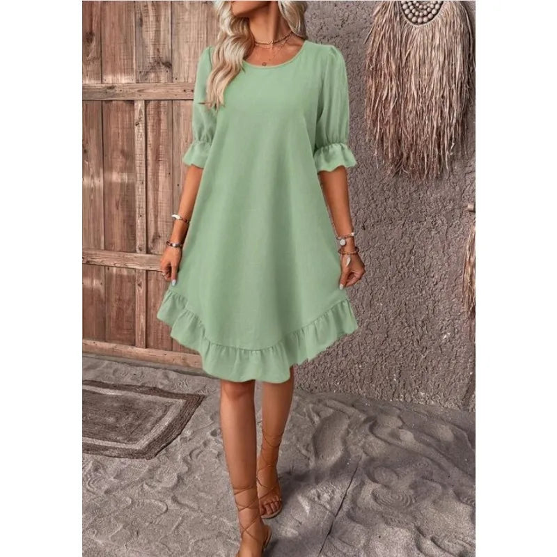 MW | Solide Farbe Lässig Lose Kurze Kleider Für Frauen Sommer A-Linie Midi-Kleid