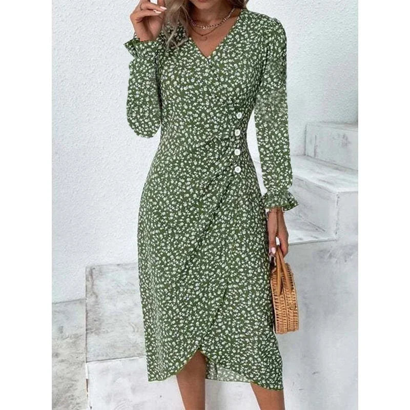 MW | Elegantes florales plissiertes Midikleid mit Puffärmeln und V-Ausschnitt