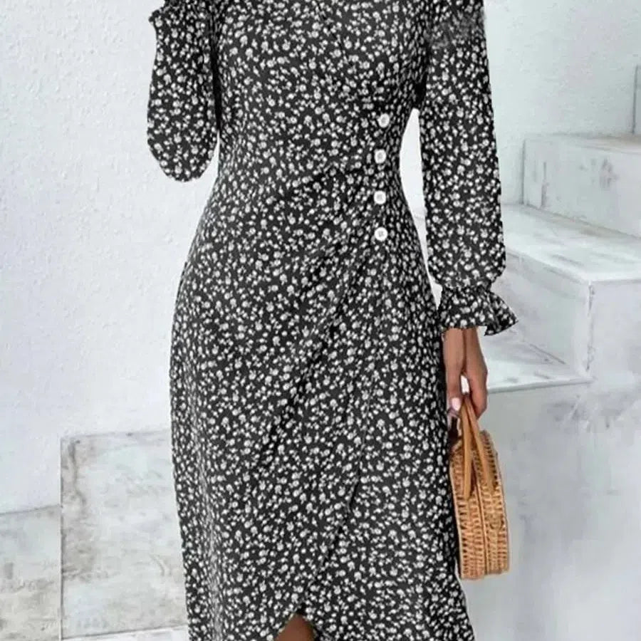 MW | Frühling Floral Bodycon Midikleid für Frauen V-Ausschnitt Langarm
