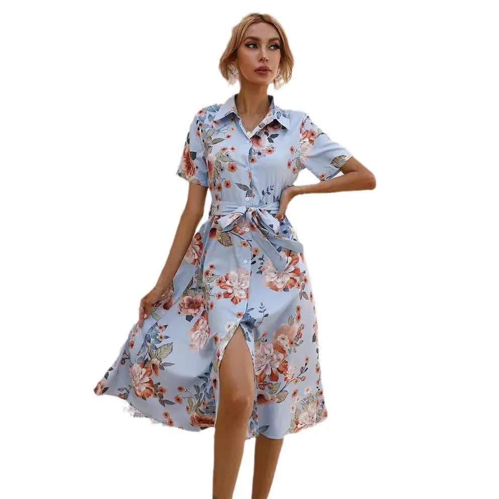 MW | Frühling Sommer Frauen Floral Print Midi-Kleid mit kurzen Ärmeln und Turn Down Kragen für Casual Party und Outing
