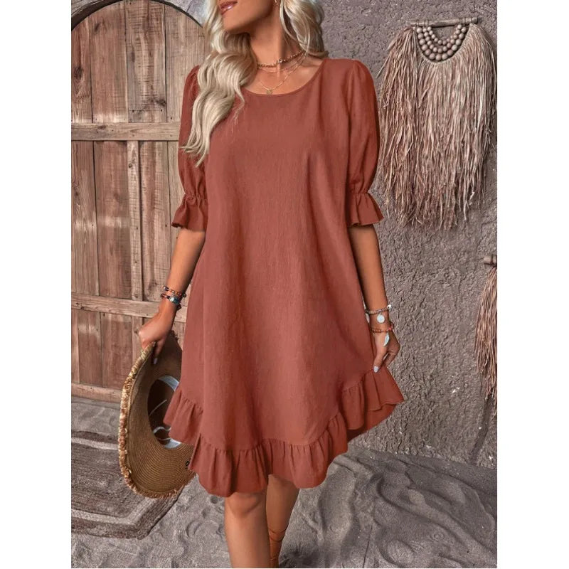 MW | Solide Farbe Lässig Lose Kurze Kleider Für Frauen Sommer A-Linie Midi-Kleid