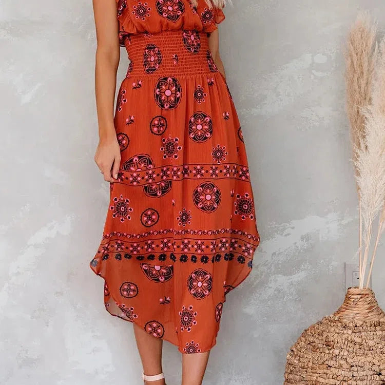 MW | Sommer Frauen Vintage Muster Smocked Ruffle Midi Kleid