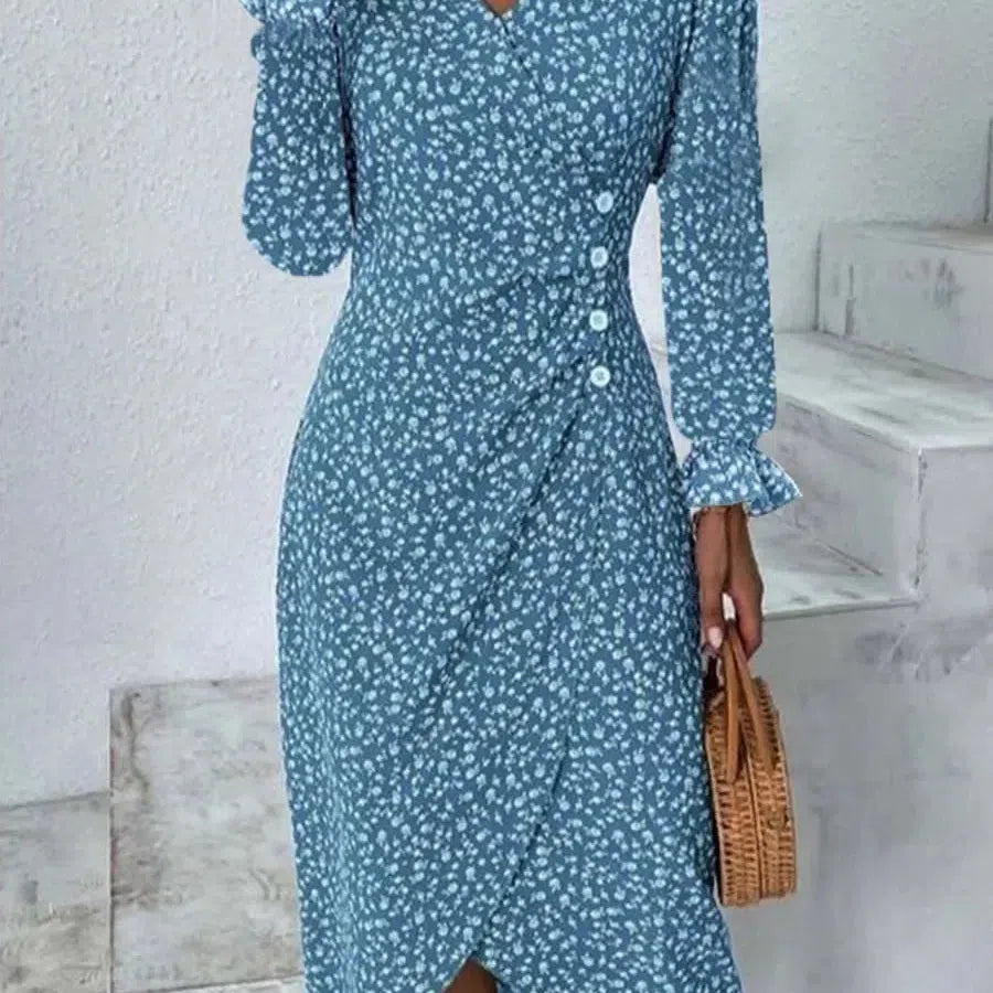 MW | Frühling Floral Bodycon Midikleid für Frauen V-Ausschnitt Langarm