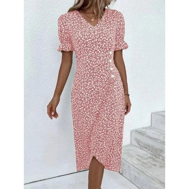 MW | Frühling Floral Bodycon Midikleid für Frauen V-Ausschnitt Langarm