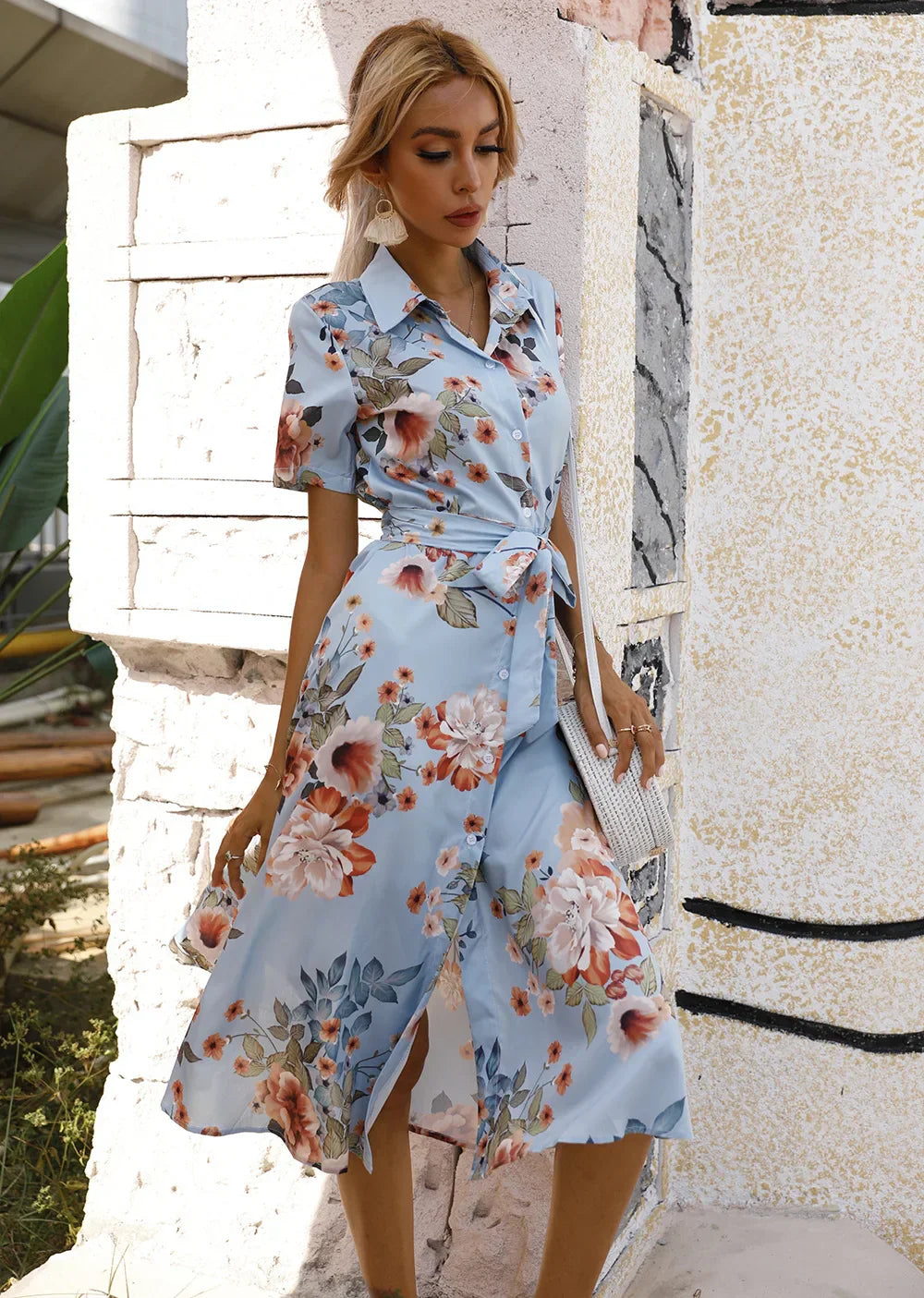 MW | Frühling Sommer Frauen Floral Print Midi-Kleid mit kurzen Ärmeln und Turn Down Kragen für Casual Party und Outing