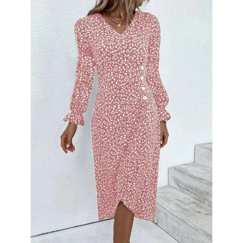 MW | Elegantes florales plissiertes Midikleid mit Puffärmeln und V-Ausschnitt