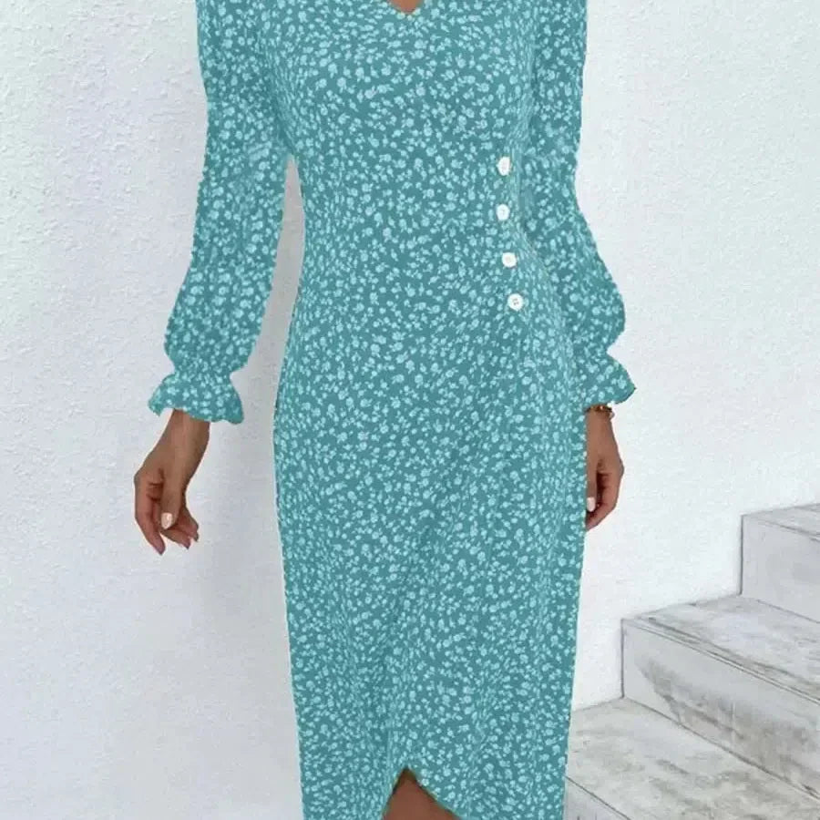 MW | Frühling Floral Bodycon Midikleid für Frauen V-Ausschnitt Langarm