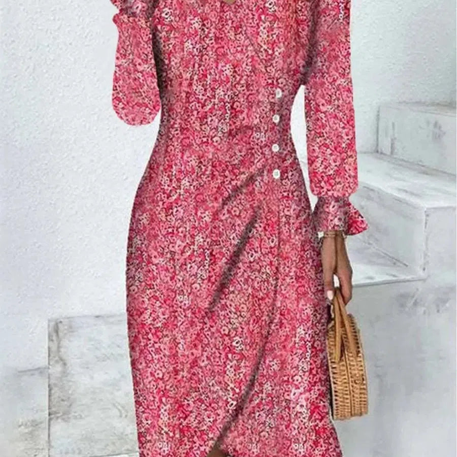 MW | Frühling Floral Bodycon Midikleid für Frauen V-Ausschnitt Langarm