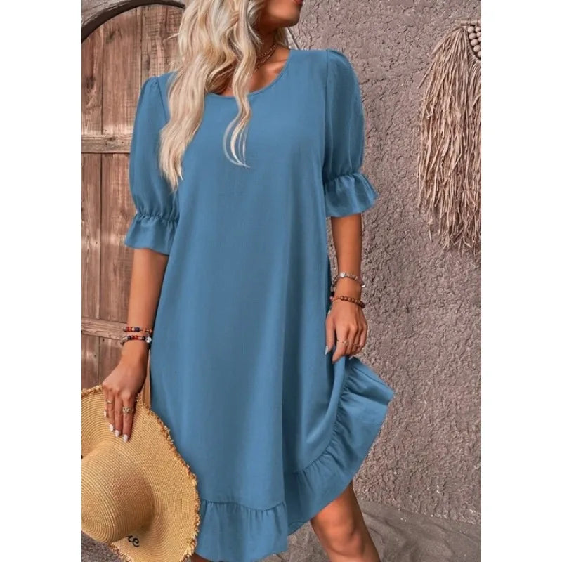 MW | Solide Farbe Lässig Lose Kurze Kleider Für Frauen Sommer A-Linie Midi-Kleid