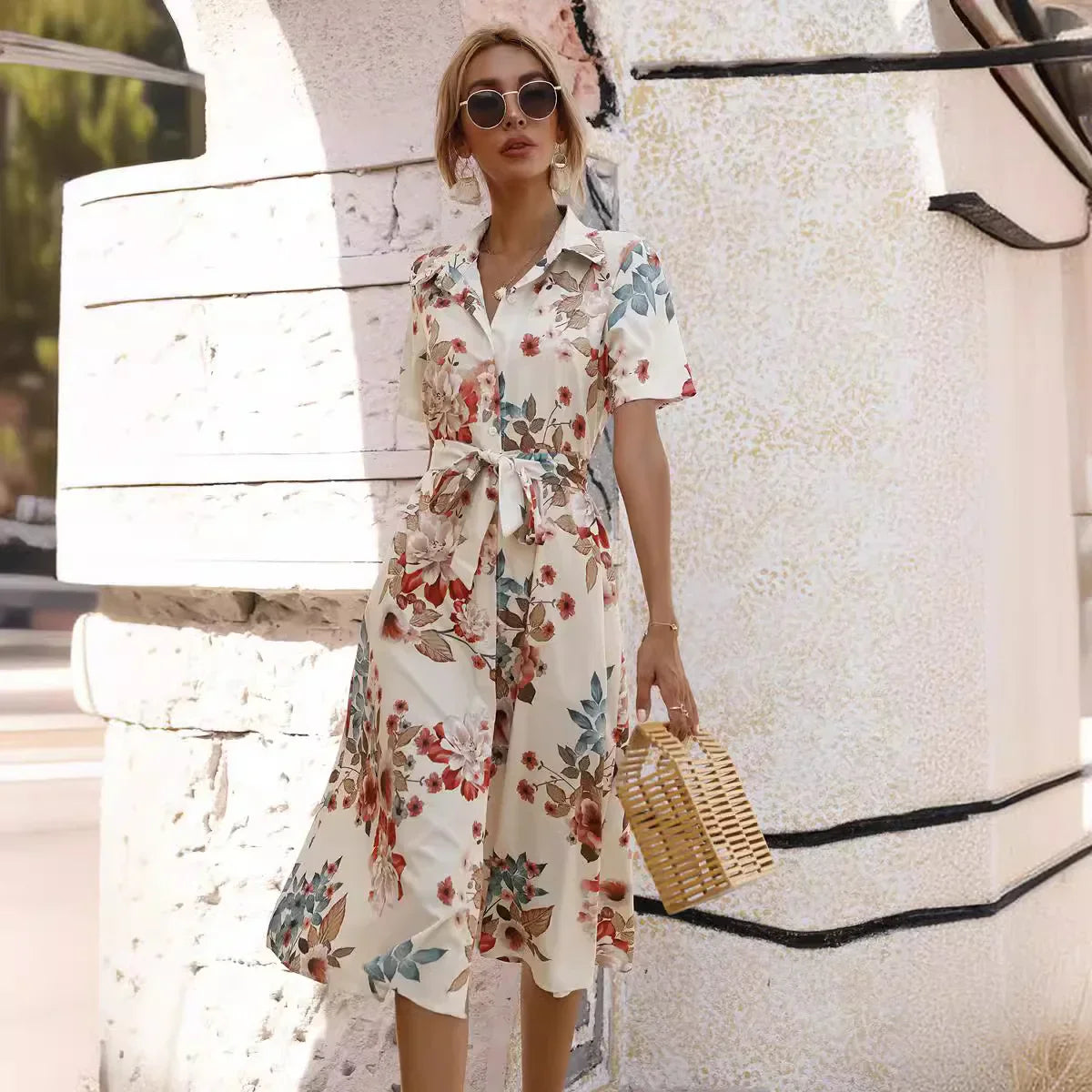 MW | Frühling Sommer Frauen Floral Print Midi-Kleid mit kurzen Ärmeln und Turn Down Kragen für Casual Party und Outing