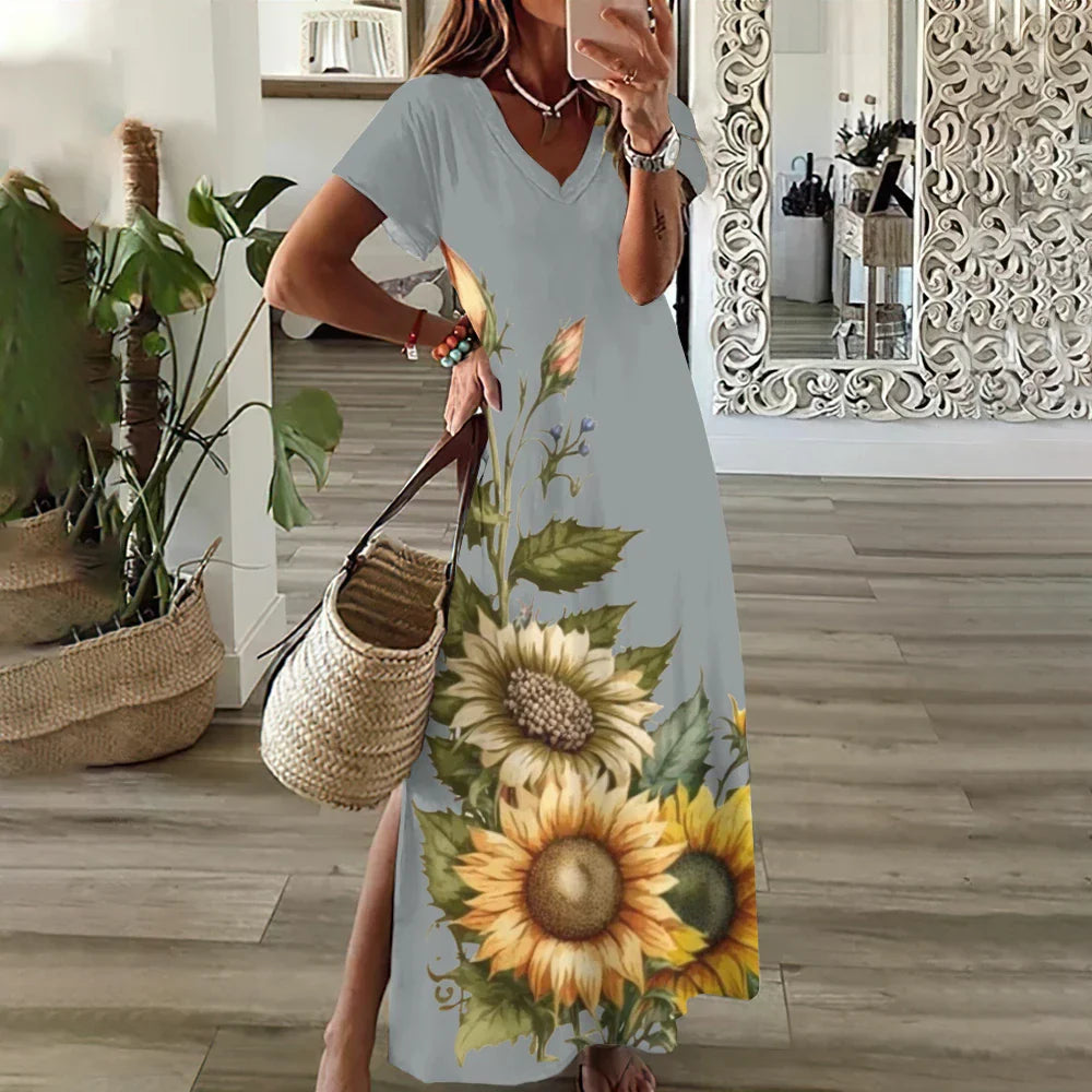 MW | Sunflower Print Floral Graphic Kleider für Frauen Plus Größe Elegantes Midi Kleid