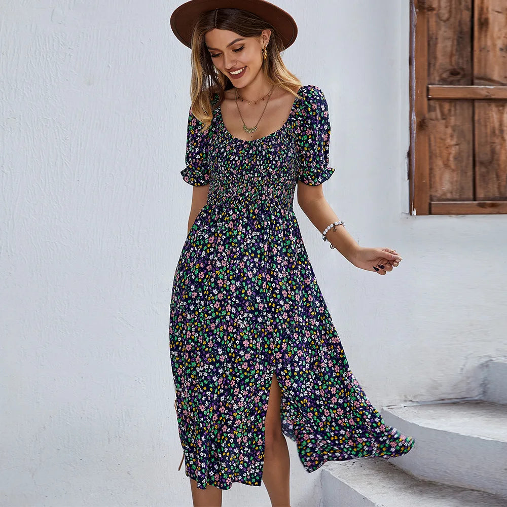 MW | Bohemia Print Kleid Frauen Neu Sommer Midikleid Puffärmel