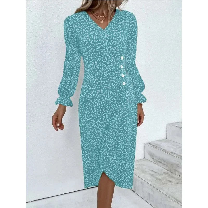 MW | Elegantes florales plissiertes Midikleid mit Puffärmeln und V-Ausschnitt