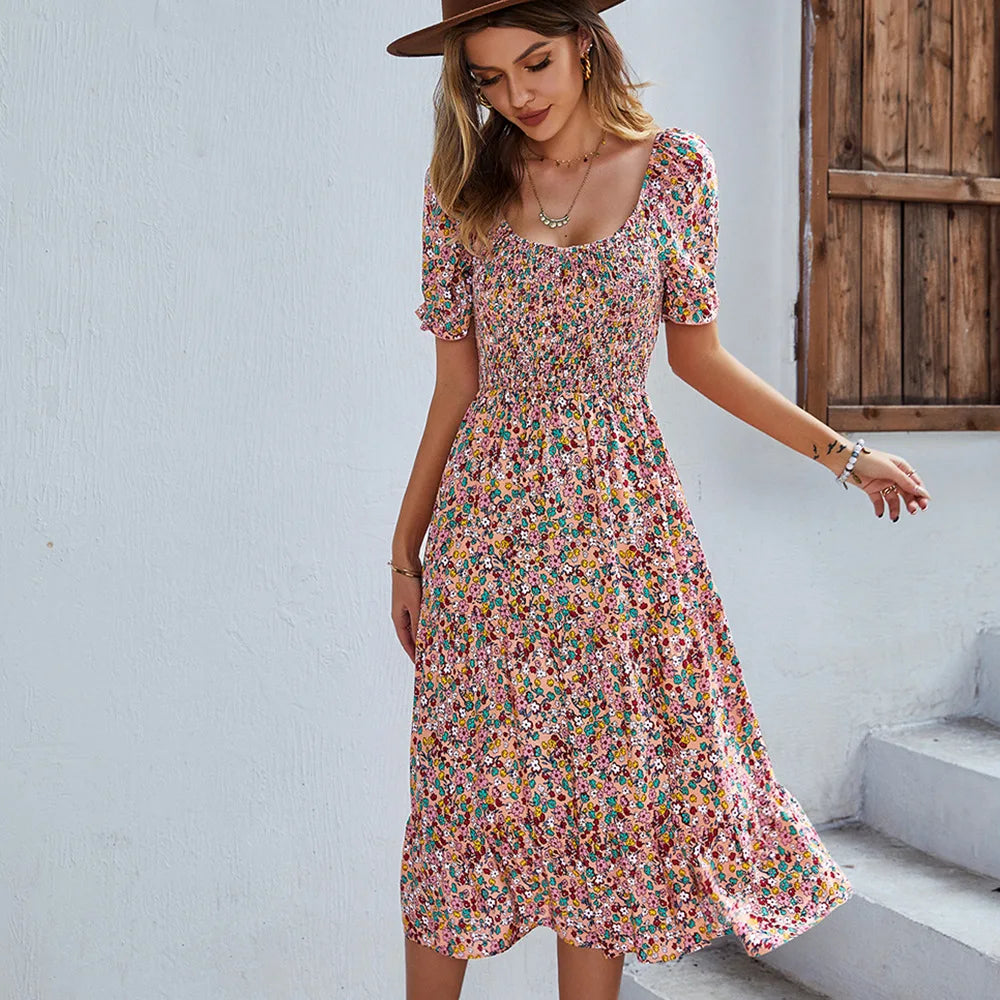 MW | Bohemia Print Kleid Frauen Neu Sommer Midikleid Puffärmel