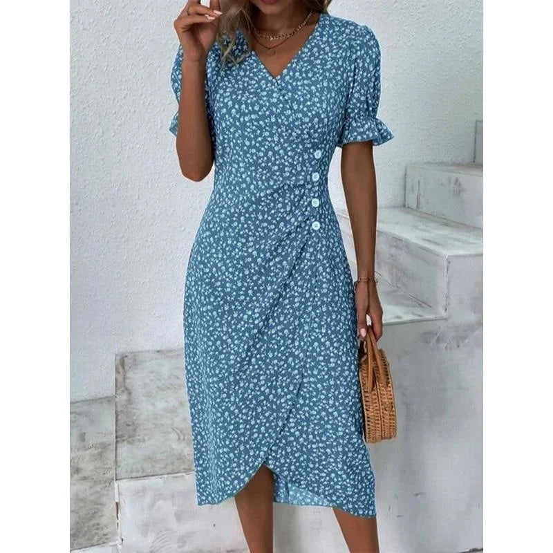 MW | Elegantes florales plissiertes Midikleid mit Puffärmeln und V-Ausschnitt