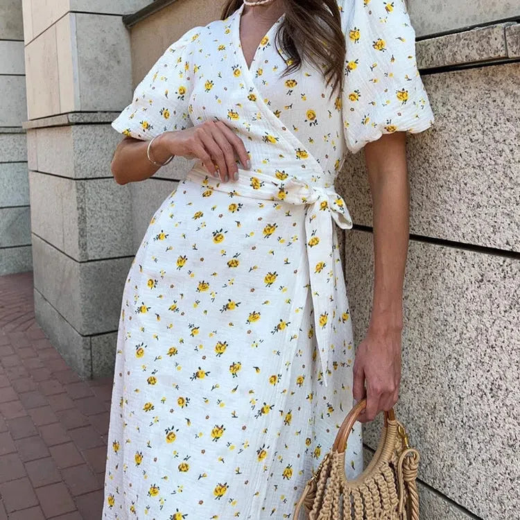 MW | Casual Damen Sommerkleider 100% Baumwolle Floral Print A-Linie Midi Kleid mit Seitenschlitzen Langes Elegantes Weißes Kleid