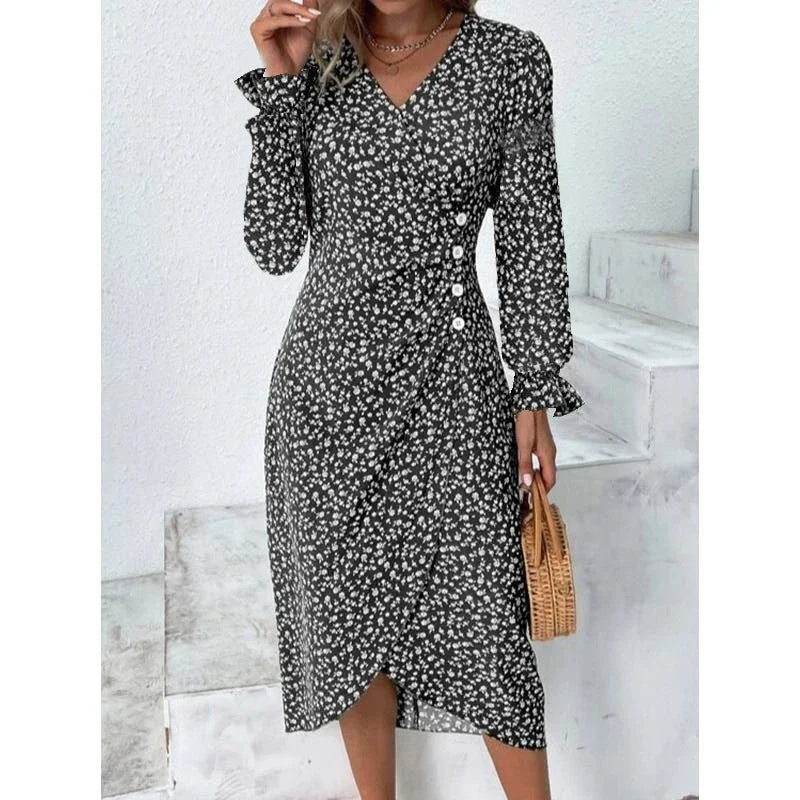 MW | Elegantes florales plissiertes Midikleid mit Puffärmeln und V-Ausschnitt