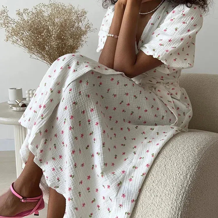 MW | Casual Damen Sommerkleider 100% Baumwolle Floral Print A-Linie Midi Kleid mit Seitenschlitzen Langes Elegantes Weißes Kleid
