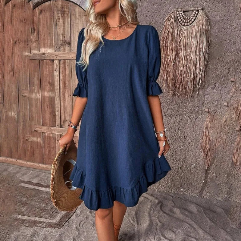 MW | Solide Farbe Lässig Lose Kurze Kleider Für Frauen Sommer A-Linie Midi-Kleid