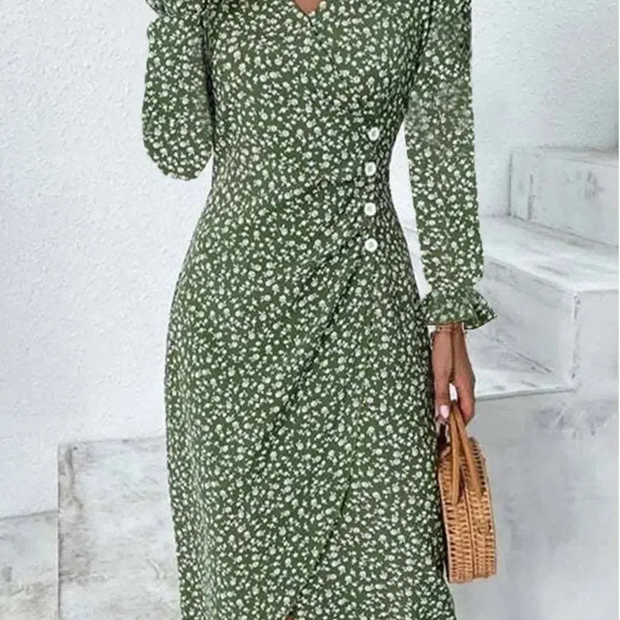 MW | Frühling Floral Bodycon Midikleid für Frauen V-Ausschnitt Langarm