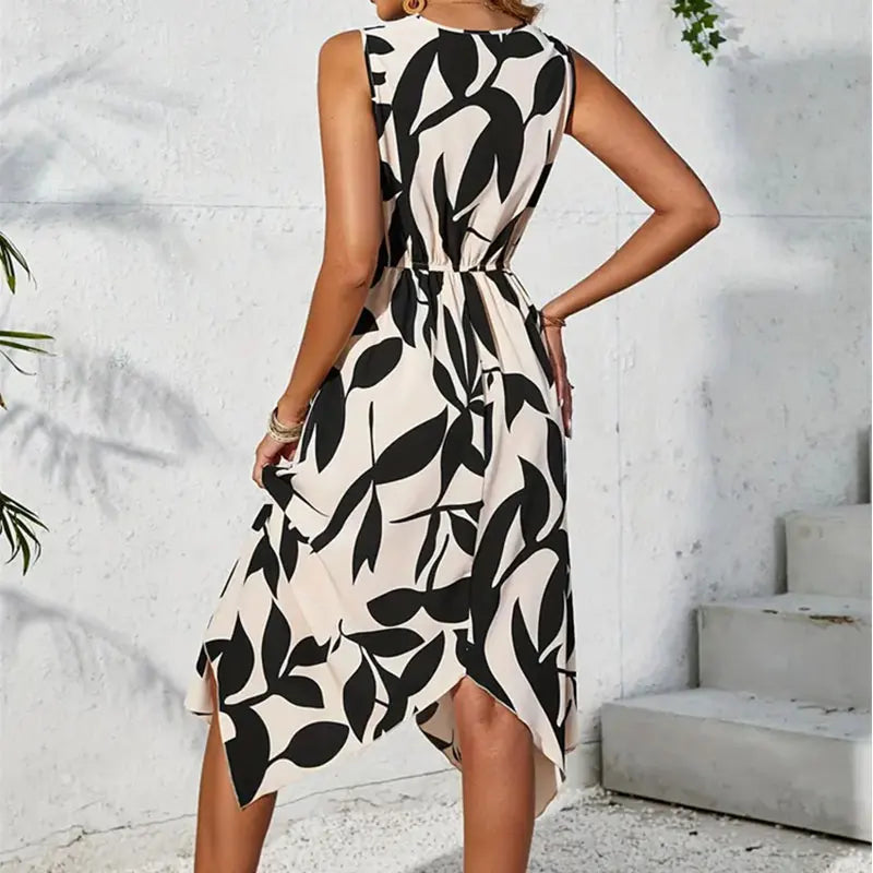 MW | Strand Frauen Midikleid Sommer Asymmetrisch Maxi Lang Ein Stück Elegantes Blatt Drucken Beiläufigen Saum Vestidos Weiblich