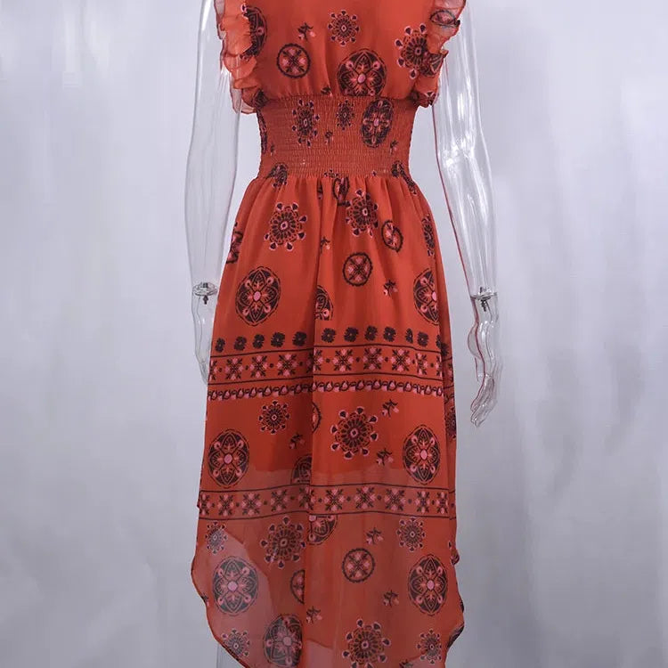 MW | Sommer Frauen Vintage Muster Smocked Ruffle Midi Kleid