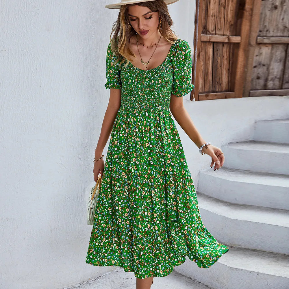MW | Bohemia Print Kleid Frauen Neu Sommer Midikleid Puffärmel