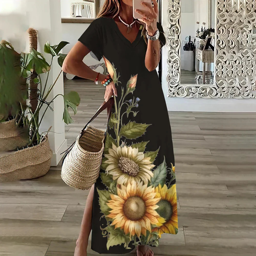 MW | Sunflower Print Floral Graphic Kleider für Frauen Plus Größe Elegantes Midi Kleid