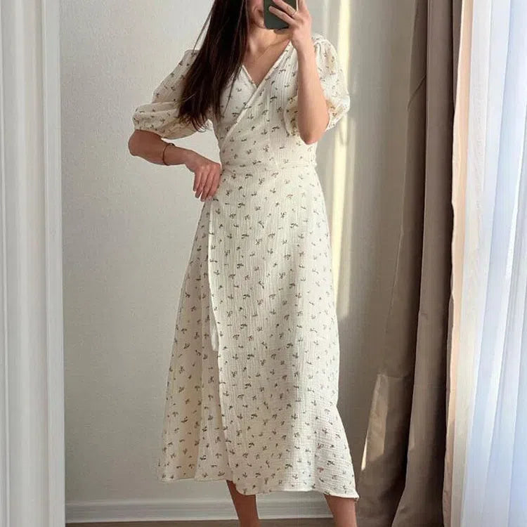 MW | Casual Damen Sommerkleider 100% Baumwolle Floral Print A-Linie Midi Kleid mit Seitenschlitzen Langes Elegantes Weißes Kleid