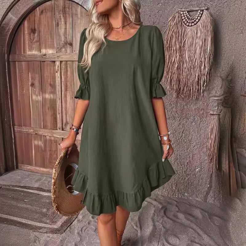 MW | Solide Farbe Lässig Lose Kurze Kleider Für Frauen Sommer A-Linie Midi-Kleid