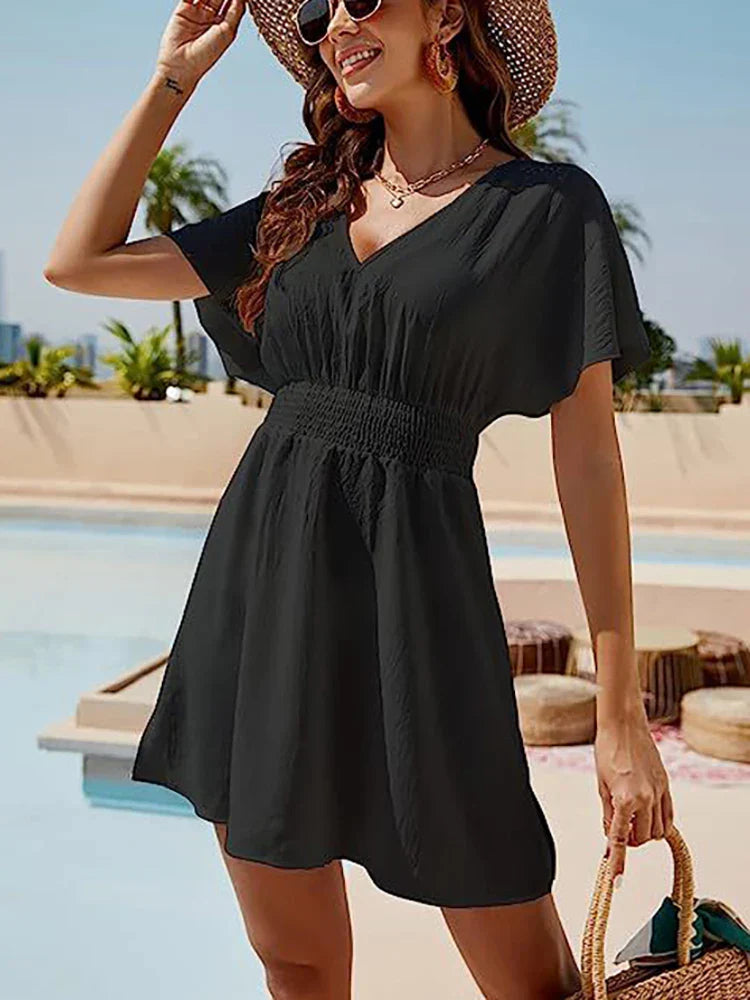 MW | 2024 Solides lockeres weißes Strandkleid Damen Boho Minikleid